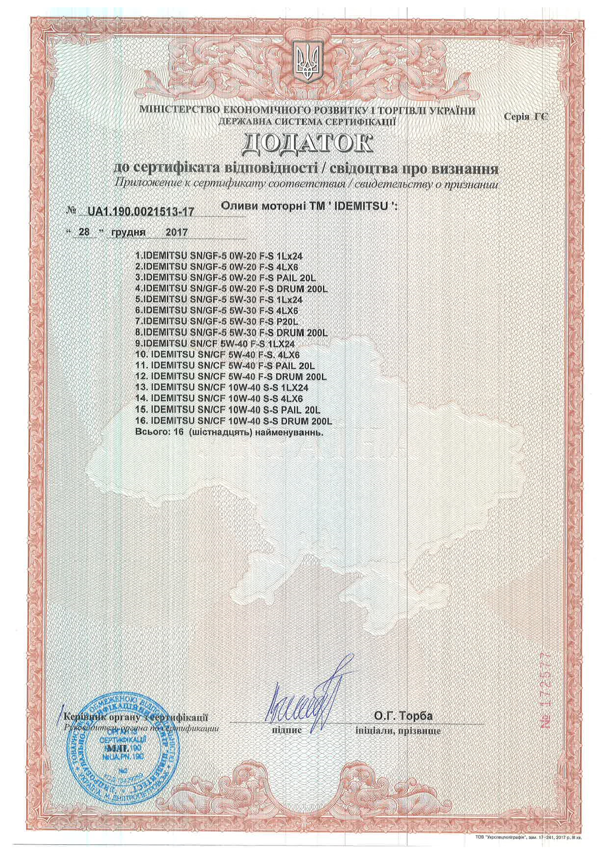 Сертифікат відповідності моторних масел Idemitsu виробництва Таїланд
